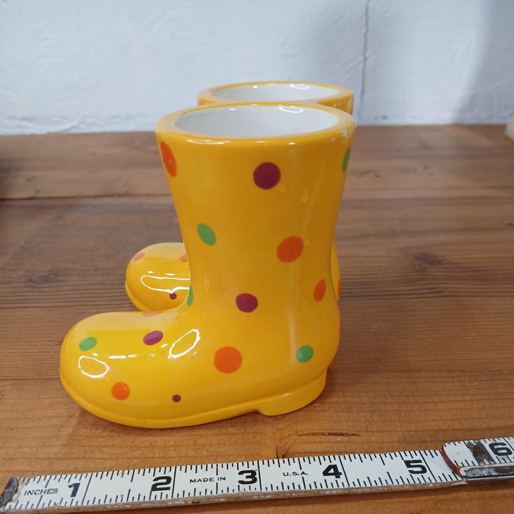 PartyLite Rainboot Candle Holders, Yellow Polka Dot Boots Candle Holder, 3 3/4” - Picture 2 of 6